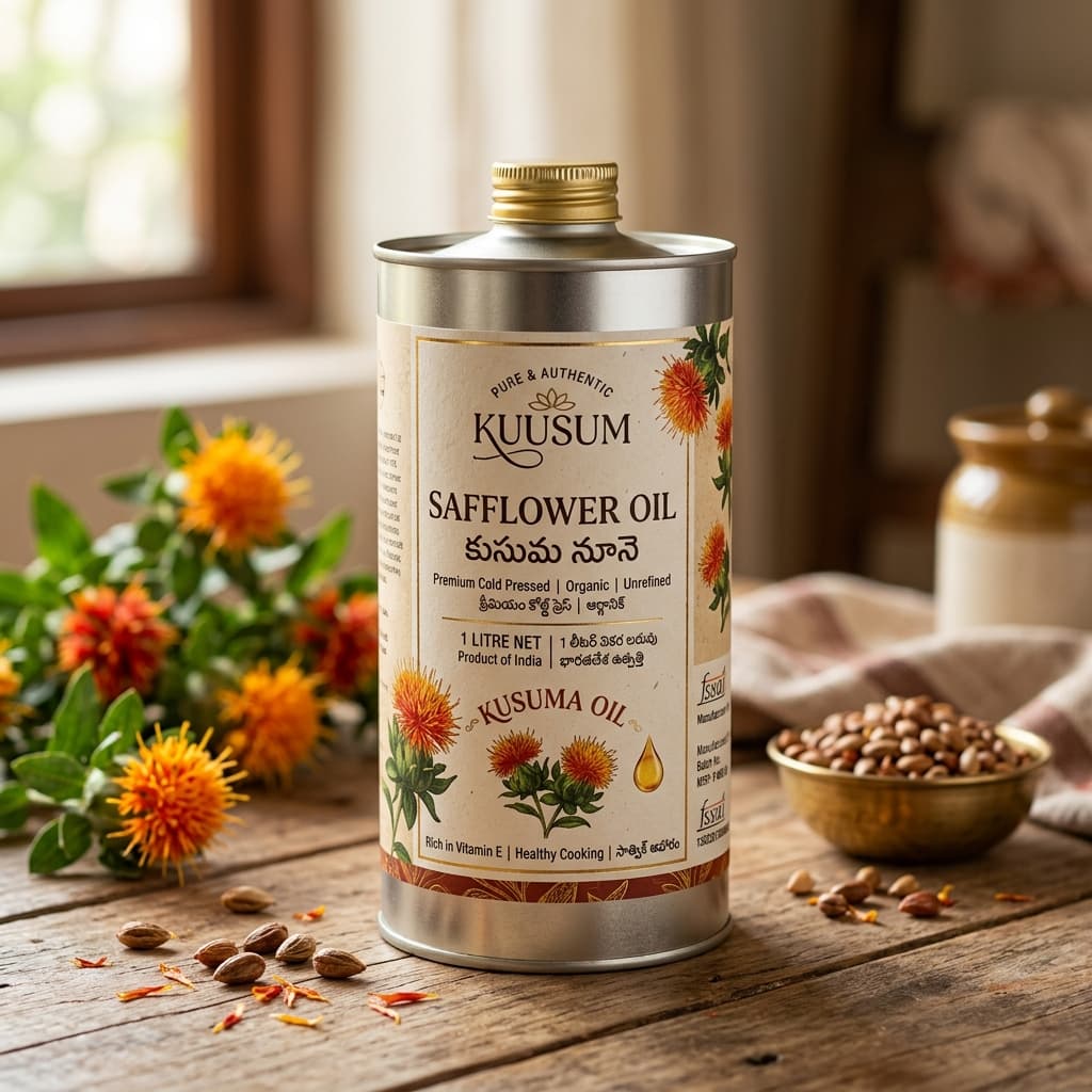 Cold Pressed Safflower Oil (సాంప్రదాయ చెక్క గానుగ కుసుమ నూనె)